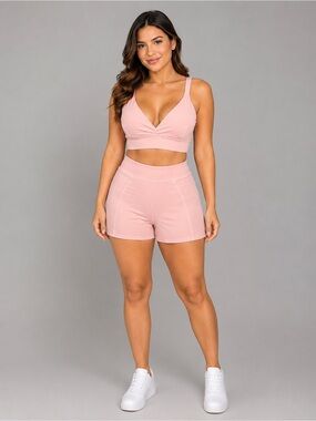 Pink Sporty Crop Top & High-Waist Shorts Set- swimsuit and activewear